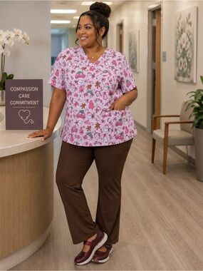 NWT EliteMed Performance Pink Christmas Holiday Scrub Top Size 2XL